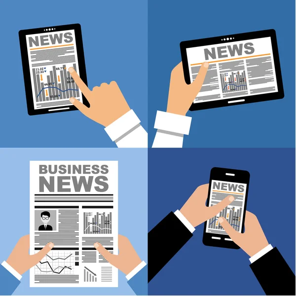 Noticias de negocios en la tableta y en el periódico — Vector de stock