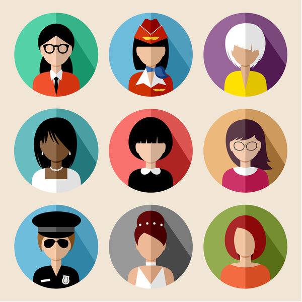 Set of round flat icons with women. 