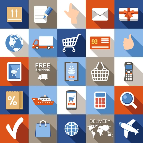 Internetové obchody, e-commerce a online nakupování sada. — Stockový vektor