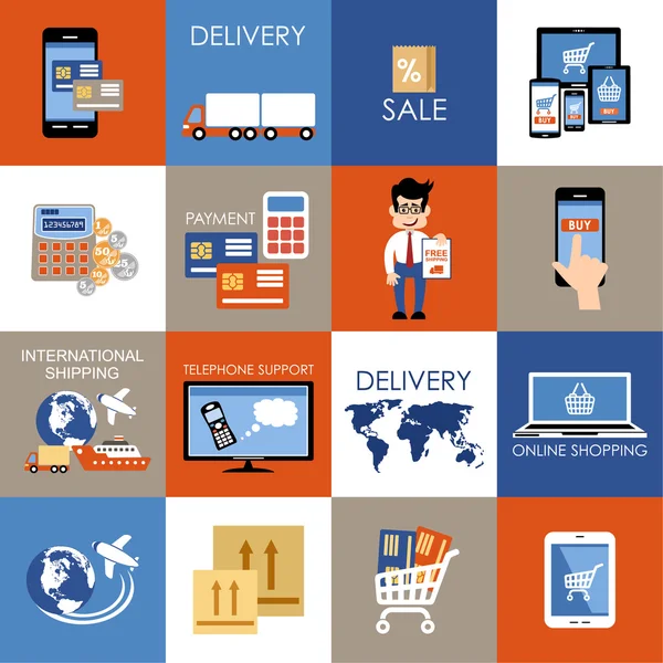 Internetes vásárlás, e-kereskedelem, online vásárlás készlet ikonok. — Stock Vector