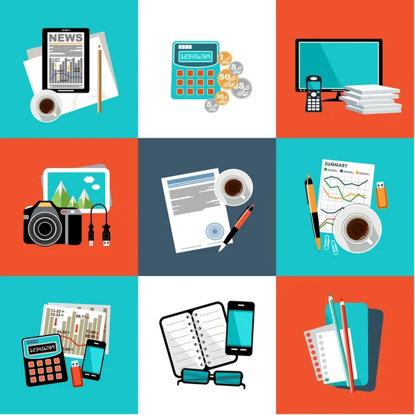 Flat vector set of office things, equipment, objects. — Stock Vector