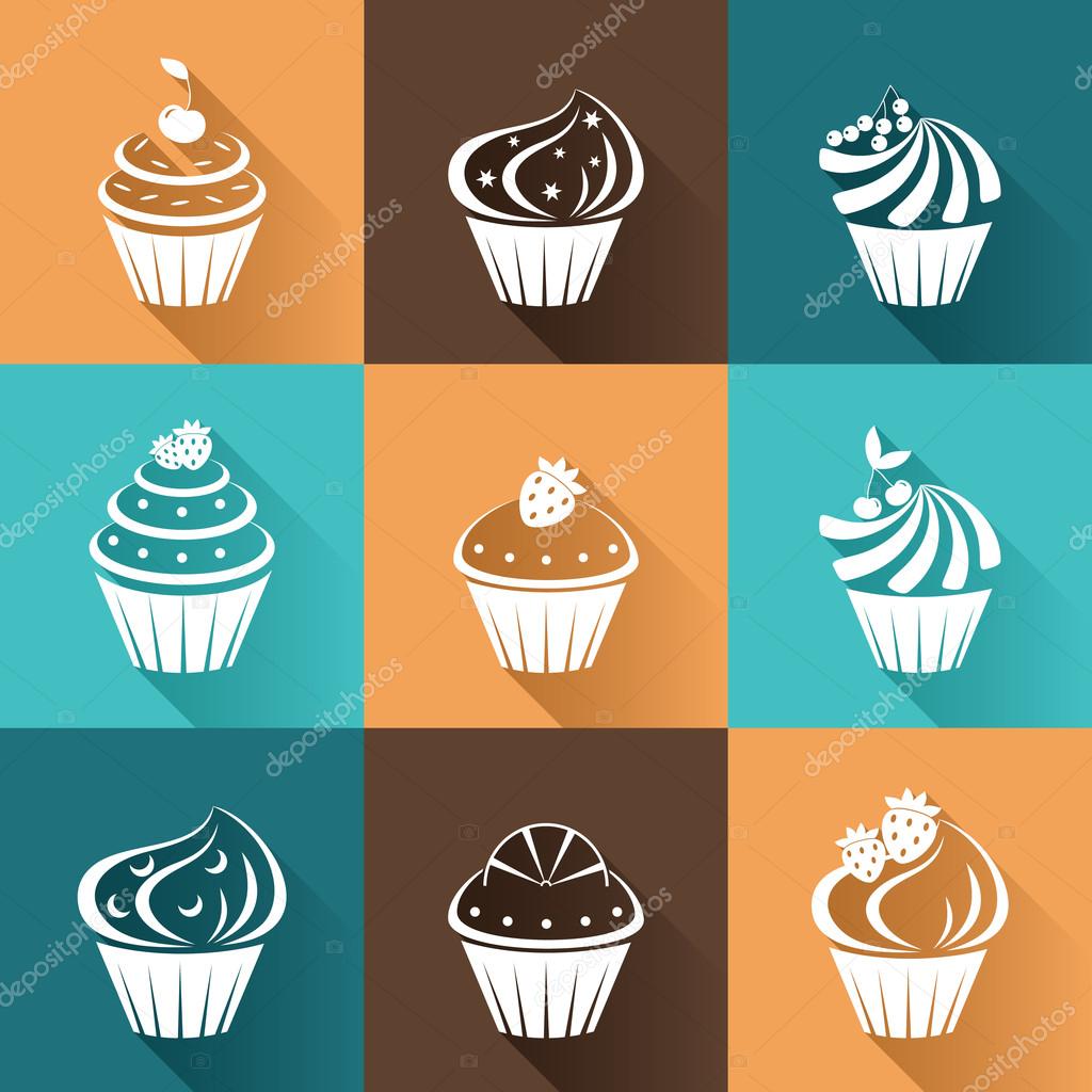 Flat icons cupcakes with long shadow. Vector illustration