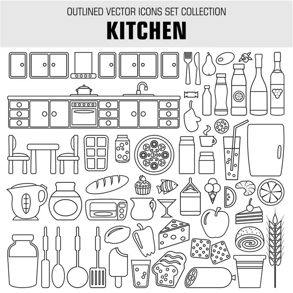 Esquema conjunto de cocina e iconos de alimentos. Vector — Archivo Imágenes Vectoriales