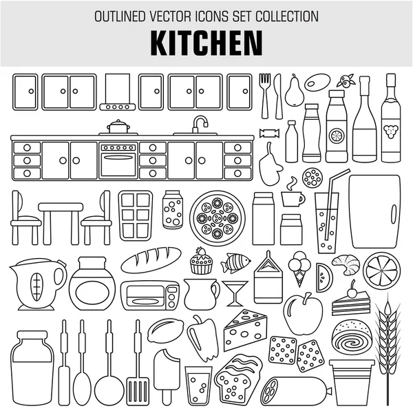 Esquema conjunto de cocina e iconos de alimentos. Vector — Vector de stock