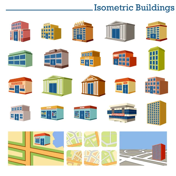 Edifícios Isométricos e mapas. Vetor — Vetor de Stock