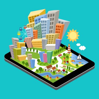 tablet ekranda belirtilen hedef noktası ile 3D izometrik şehir. 