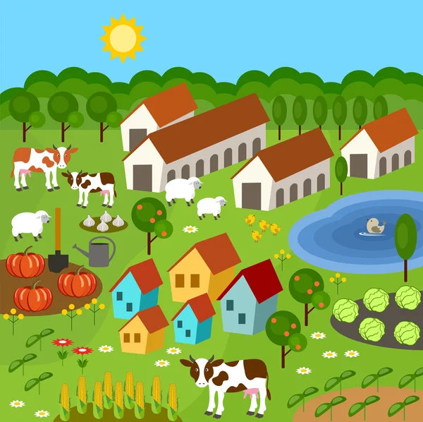 農村部の農民の要素の大きなセット。分野、動物、植物. — ストックベクタ