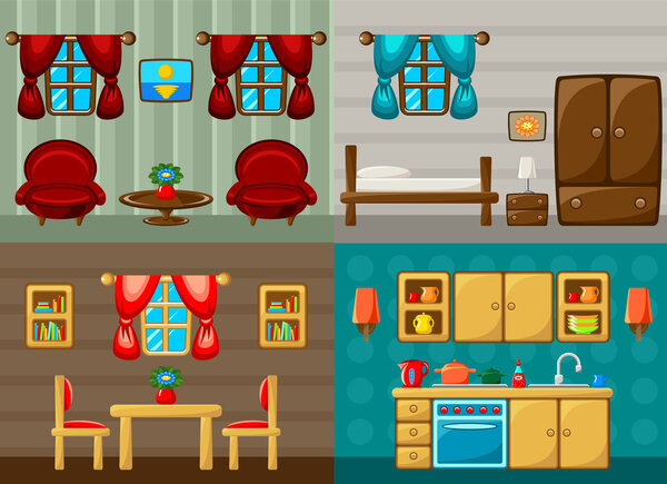 Four vector rooms - bedroom, drawing room, dining room and kitchen.