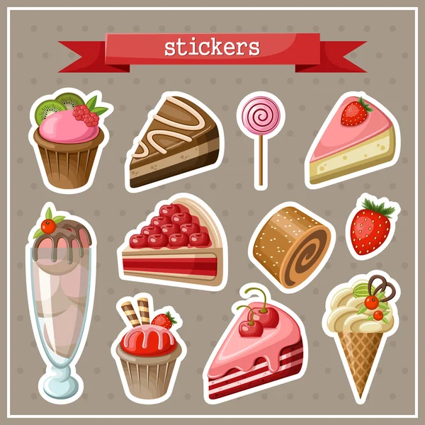 Set de pegatinas con dulces, pasteles, helados y cupcakes . — Archivo Imágenes Vectoriales