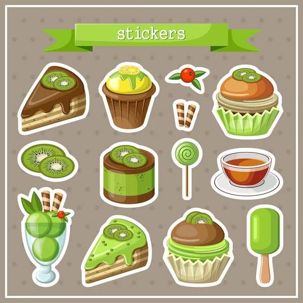 Set de pegatinas con dulces, pasteles, helados y cupcakes — Vector de stock