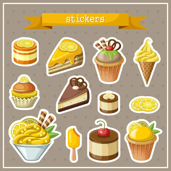 Conjunto de adesivos com doces, bolos, sorvetes e cupcakes — Vetor de Stock