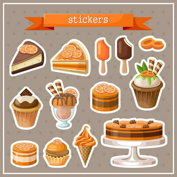 Uppsättning av klistermärken med godis, kakor, glass och muffins — Stock vektor