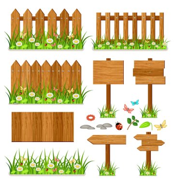 Wooden fence set with grass and flowers clipart