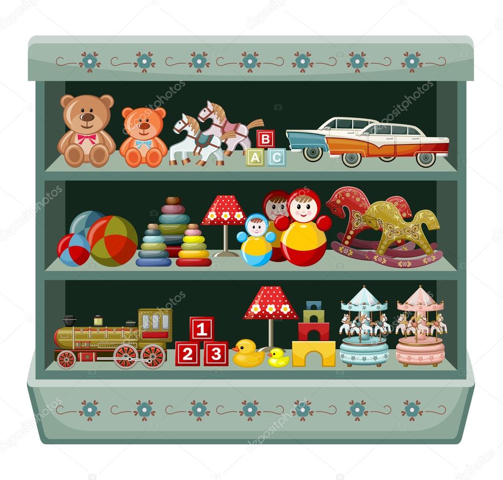 Vintage toys shop. Shelves. Vector illustration