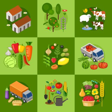 Big set of farmer elements. Fields, animals, plants. Vector illustration clipart