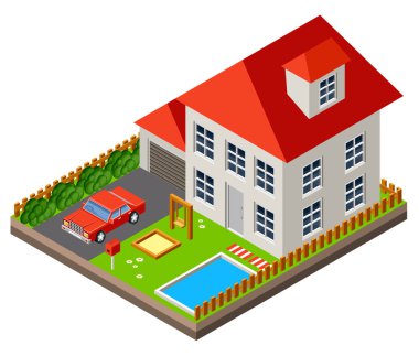 İzole isomatic yazlık. Taşra hayatı. Garaj. Yeşil çim. Çim. Salıncak. Vektör çizim