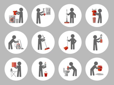 Şekil insanlarla temizlik simge kümesi. Vektör çizim