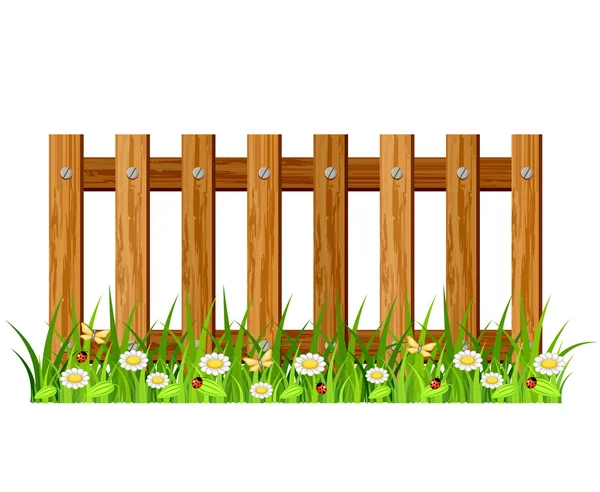 Wooden fence with grass and flowers — Stock Vector