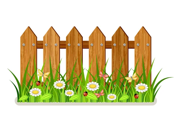 Wooden fence with grass and flowers — Stock Vector