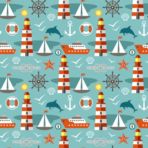 Sea vector pattern with a beacon and the ships — 图库矢量图片