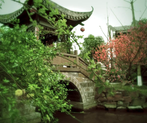 Perzik bloesem, tuinhuis en tuin in het voorjaar — Stockfoto