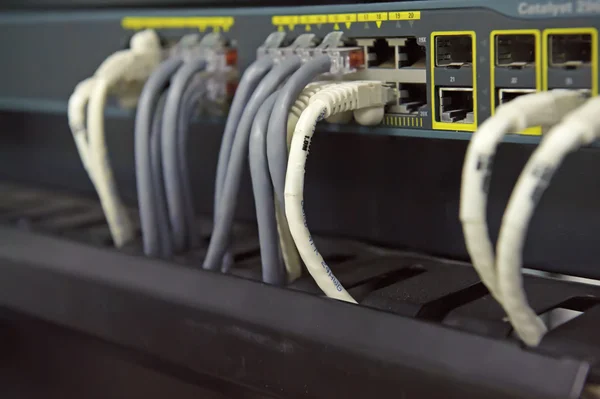 Network hub and patch cables in network cabinet — Stock Photo, Image