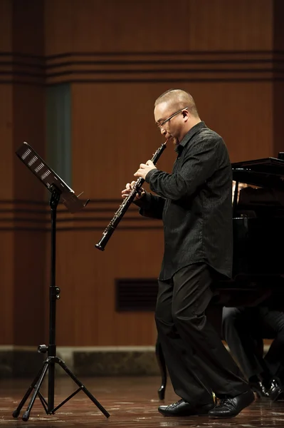 Oboist performs on wind music chamber music concert — Stok fotoğraf