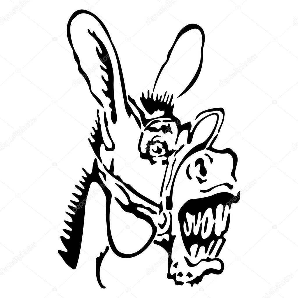 Silhouette of the muzzle of a neighing donkey is drawn in black with various lines. Design is suitable for animal logo, tattoos, decor, paintings, pet shops, printing on t-shirts and clothing. Vector