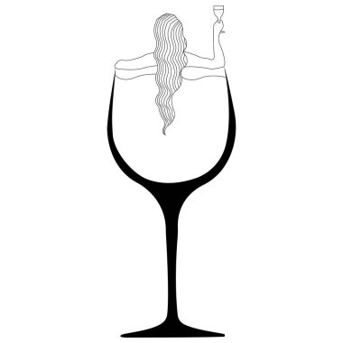 Minimalizm tarzında bir bardak şarapla şarap içen bir kız. Tasarım anti-alkolizm, pankart, dekor, tablolar, ilaç, dövme, logo, tişört baskısı için uygun. Vektör izole edildi