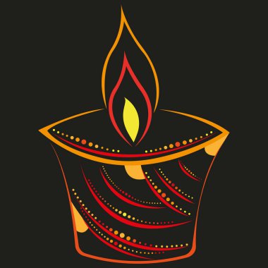 Parlak turuncu mum, düz yakılmış lamba. Tasarım ışık festivali, iyi şans sembolü, rangoli, logo, dövme, maskot, kumaş baskısı, Diwali kutlaması için uygun. İzole vektör