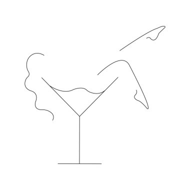 Minimalizm tarzında martin bardaklı bir kız. Tasarım dekoru, kafeler, barlar, içecekler için logo, striptiz kulüpleri, tablolar, dövmeler, baskılar, afişler için uygundur. İzole vektör