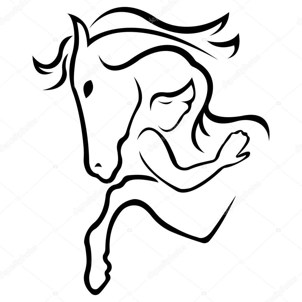 The girl is basking in the arms of a horse. The concept of love and protection of animals. Design for logo, tattoo, horse clubs and farms, decor, decoration, print, banner, symbol. Isolated vector