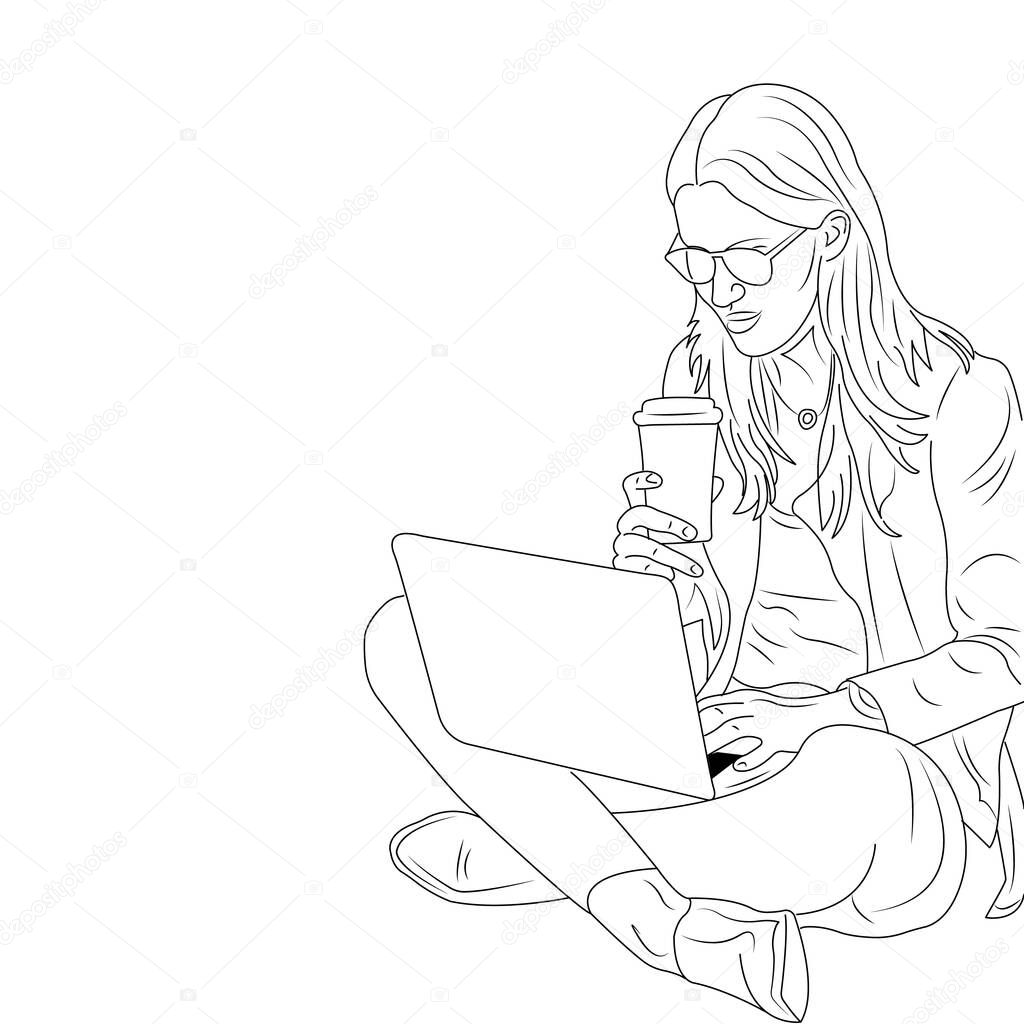 Girl in lotus position with laptop on her lap. Concept of staying at home in quarantine, self-isolation. Design for publishing, networking, freelancing, quarantine, work from home, place for lettering