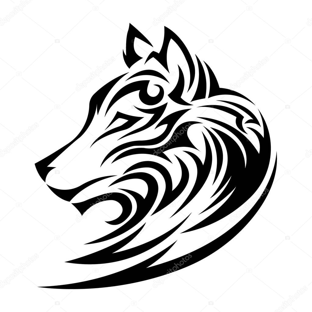 Isolated vector on a white background silhouette of a muzzle of a wolf in a celtic tattoo style in black color. Design for tattoo, logo, mascot, power symbol, stencil, banner, t-shirt print