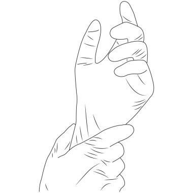 Ameliyat için el hareketi hazırlığı, lastik eldivenli eller. Beyaz arka planda siluet siyah çizgisel stil. Doktorlar için tasarım, canlandırma, steril, Covid-19, dekor, anestezi, dezenfeksiyon. İzole vektör illüstrasyonu