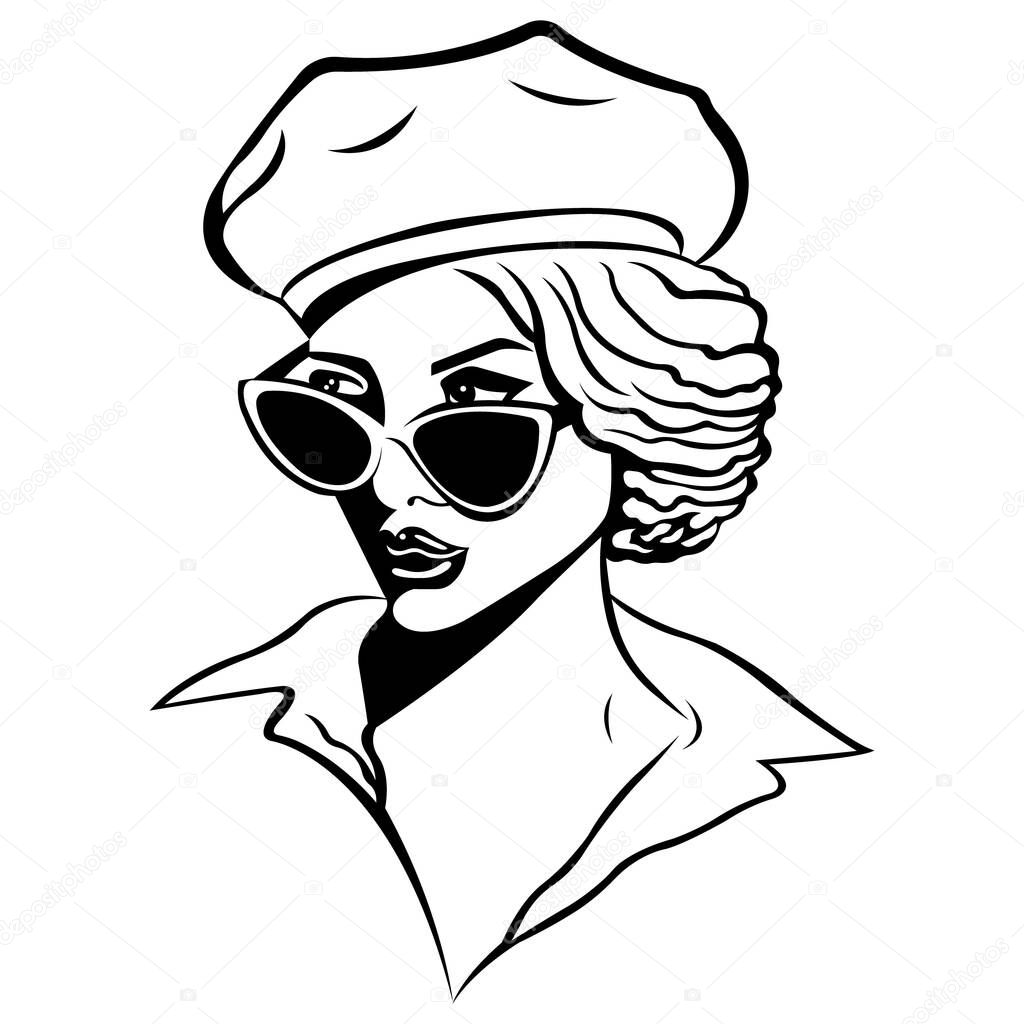 Silhouette of a beautiful girl in birette and glasses. Symbol of beauty and style. Suitable for decorating paintings, tattoos, albums, postcards, wallpapers, banners, T-shirt printing. Isolated vector
