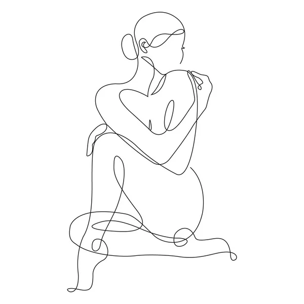 Contour Nude Continuous Line Pose Girl Hugging Herself Modern Art — Stock Vector