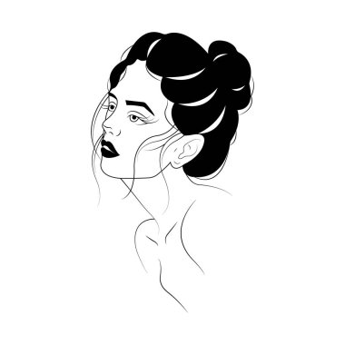 Güzel makyajlı bir kızın silueti. Minimalizm tarzı. Güzelliğin ve şefkatin sembolü. Güzellik salonları, tablolar, afişler, tişört baskısı, logo, dövme, albüm için tasarım. İzole vektör