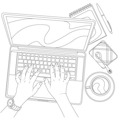 Siluet çevrimiçi bir dizüstü bilgisayarda çalışıyor, yukarıdan görünüyor. Ev konseptinde kal. Minimalizm tarzı, boyama. Web siteleri, boyama kitabı, dekor, ev işleri için tasarım. İzole edilmiş düzenlenebilir vektör