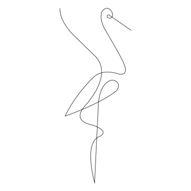 Flamingo silueti, minimalizm tarzında beyaz izole bir arkaplanda çizilmiş. Dövme, şirket için yaratıcı logo, seyahat acentesi, kıyafet tasarımı amblemi, tabak, albüm, kağıt, kartpostal, kitap