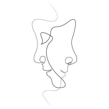 Kapalı gözlü, minimalizm tarzında bir çift nazik aşık. Aşk, aile ve bağlılık kavramı. Dekor, resim, Sevgililer Günü, dövme, logo, tişört ve tekstil baskısı için. Vektör izole edildi