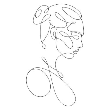 Buklelerle çizilmiş güzel bir kız. Cazibe ve moda güzellik sembolü. Dekor için tasarım, resimler, dövmeler, baskılar, posterler, kartpostallar, sergiler, moda gösterileri, afişler. İzole vektör 