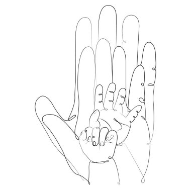 Minimalizmde dört el baba, anne ve iki çocuk. Aile sevgisi ve mutluluk kavramı. Tablolar, dekor, logo, dövme, aile dükkanı, çocuk merkezi, tıp için tasarım. İzole vektör