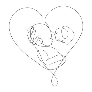 Mutlu anne çocuğunu kalbinde kucaklıyor. Şefkat, sevgi ve annelik kavramı. Aile planlaması logosu, klinik, doktor, ilaç, bakım, dövme, poster, pankart. İzole vektör