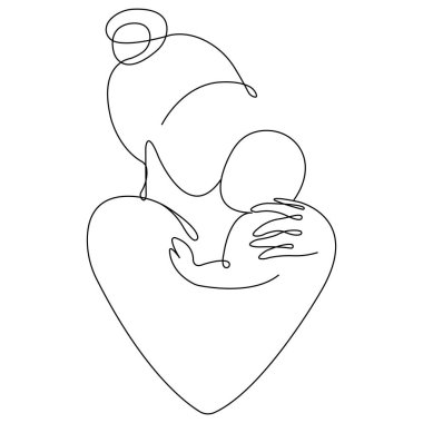 Anne ve bebek kalp siluetinde. Minimalizm tarzı. Aile planlama merkezi, anne ve çocuk kliniği logosu, dövme, resim, poster, pankart, kartpostal, baskı için uygun tasarım. İzole vektör
