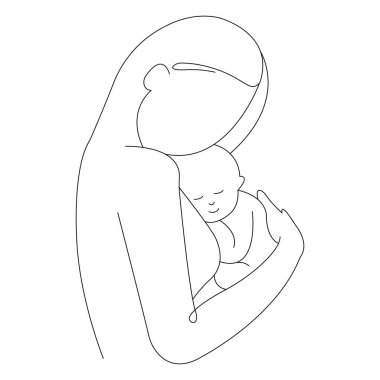 Bir annenin bebeğini göğsüne sarılışının silüeti. Annelik kavramı, sevgi ve şefkat. Aile planlaması logosu, klinik, doktor, ilaç, bakım, dövme, poster, afiş, baskı. Vektör