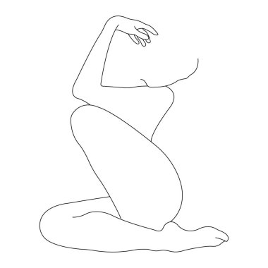 Nude girl posing with her head and hand thrown back. Modern Art. The drawing design is suitable for icons, decor, exhibitions, tattoos, drawing studio logo, albums, prints, banner. Isolated vector