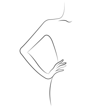 Elini beline koyup poz veren bir kız. Minimalizm tarzı. Tasarım resim, dekor, kartpostallar, logo, dövme, poster, tişört veya giysi baskısı için uygundur. İzole vektör