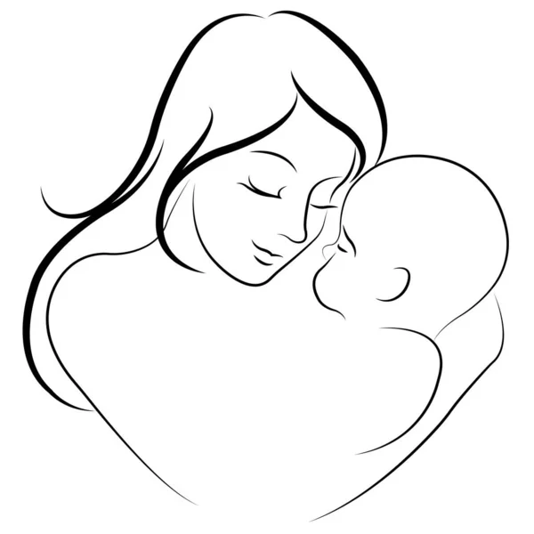 Bebeğini kalp şeklinde tutan bir annenin silüeti gibi. Minimalizm. Anne ve çocuk kliniği logosu, dövme, aile planlama merkezi, poster, pankart, kartpostal için uygun tasarım.