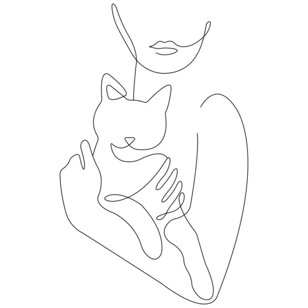 Silueta Una Niña Sostiene Gato Tierno Sus Brazos Estilo Minimalista — Vector de stock